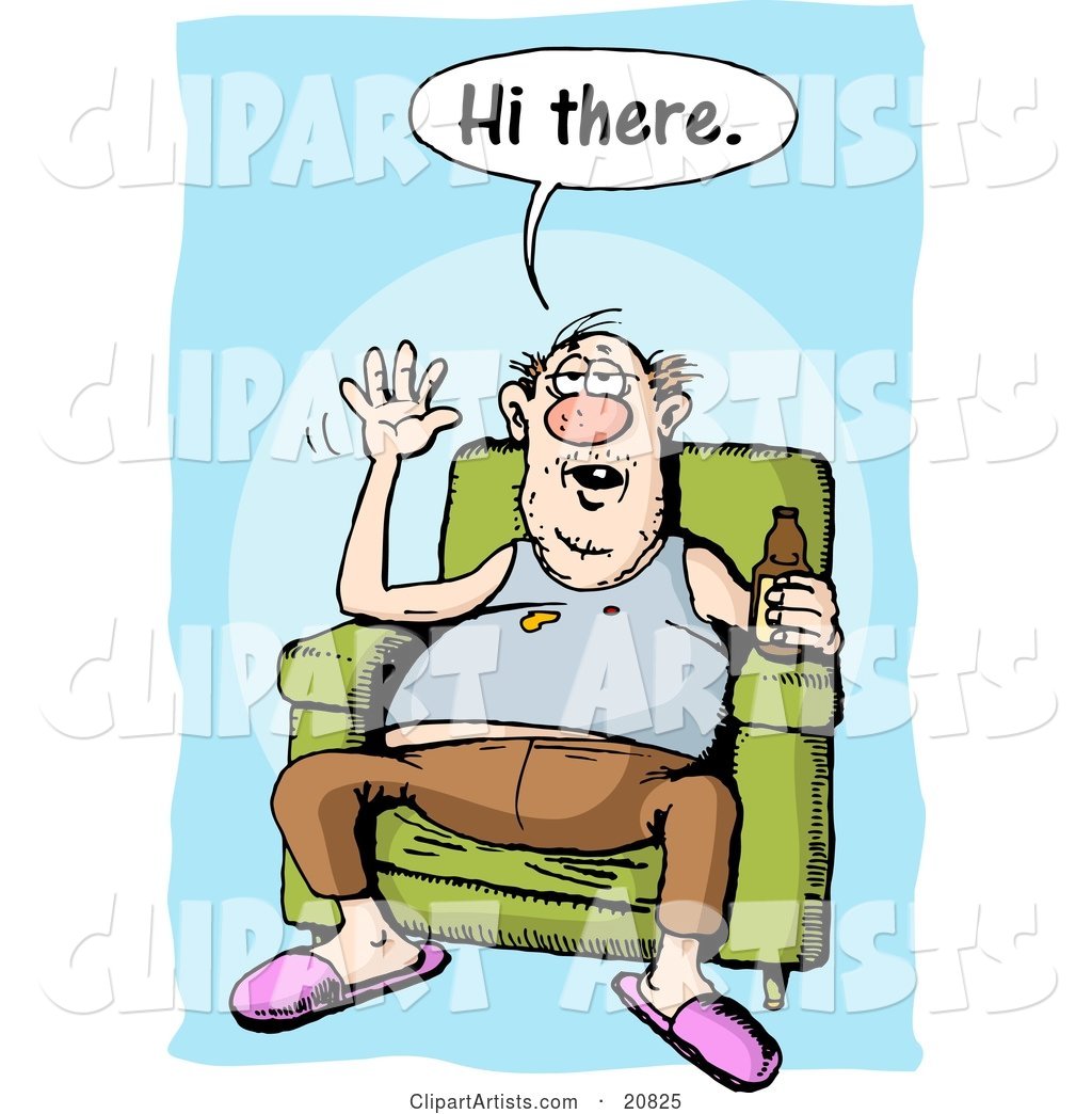 Drunk and Lazy Caucasian Man Sitting in a Green Chair, Wearing Pink Slippers and Drinking a Beer