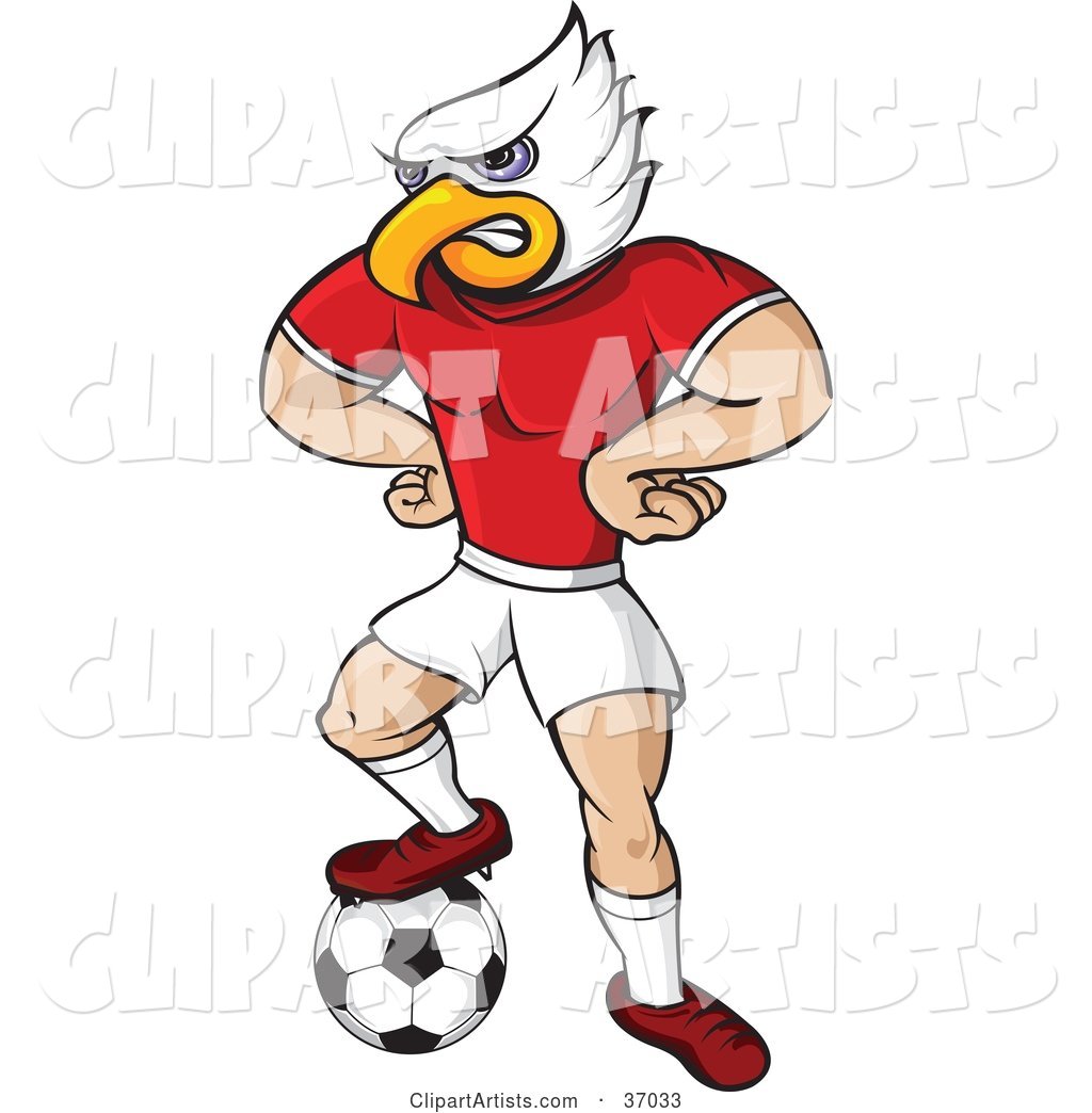 Eagle Mascot in Uniform, Standing with His Hands on His Hips and One Foot on a Soccer Ball