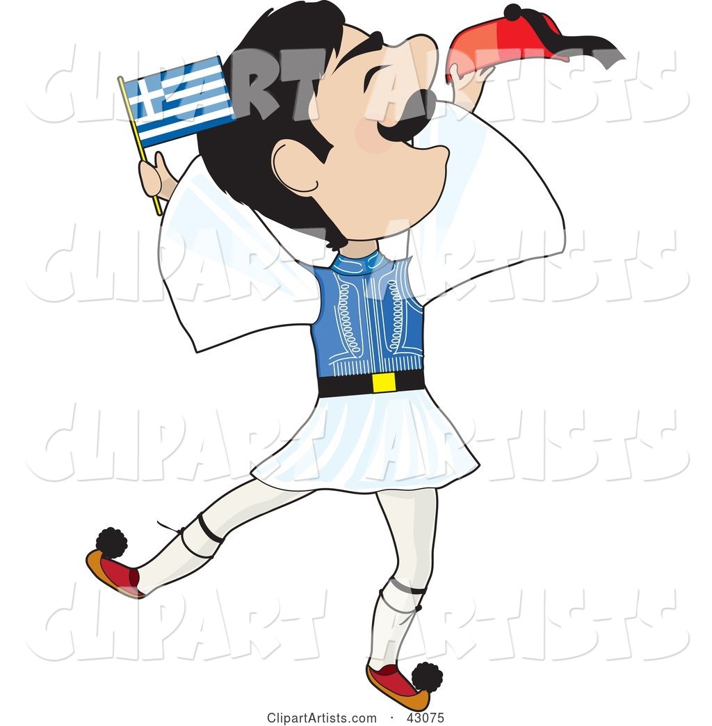 Energetic Greek Evzone Dancing and Waving a Greek Flag