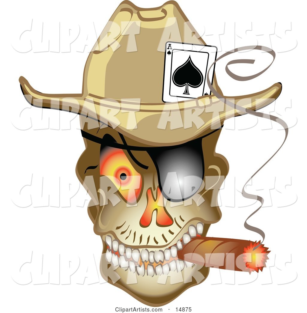 Evil Skeleton Cowboy with an Ace of Spades in His Hat, Smoking a Cigar