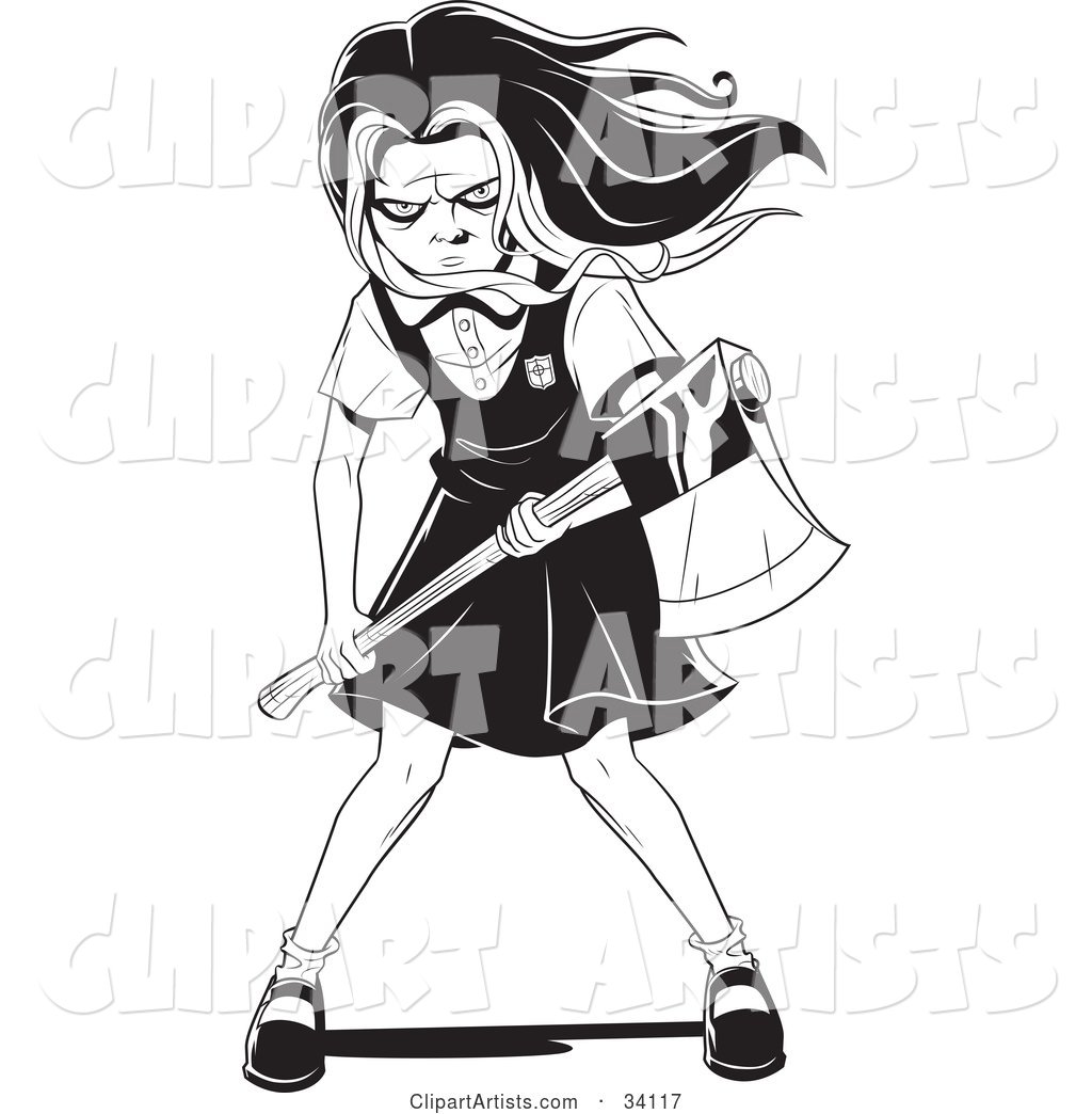 Evil Young School Girl with Her Hair Waving in the Wind, Holding an Axe and Prepared to Kill