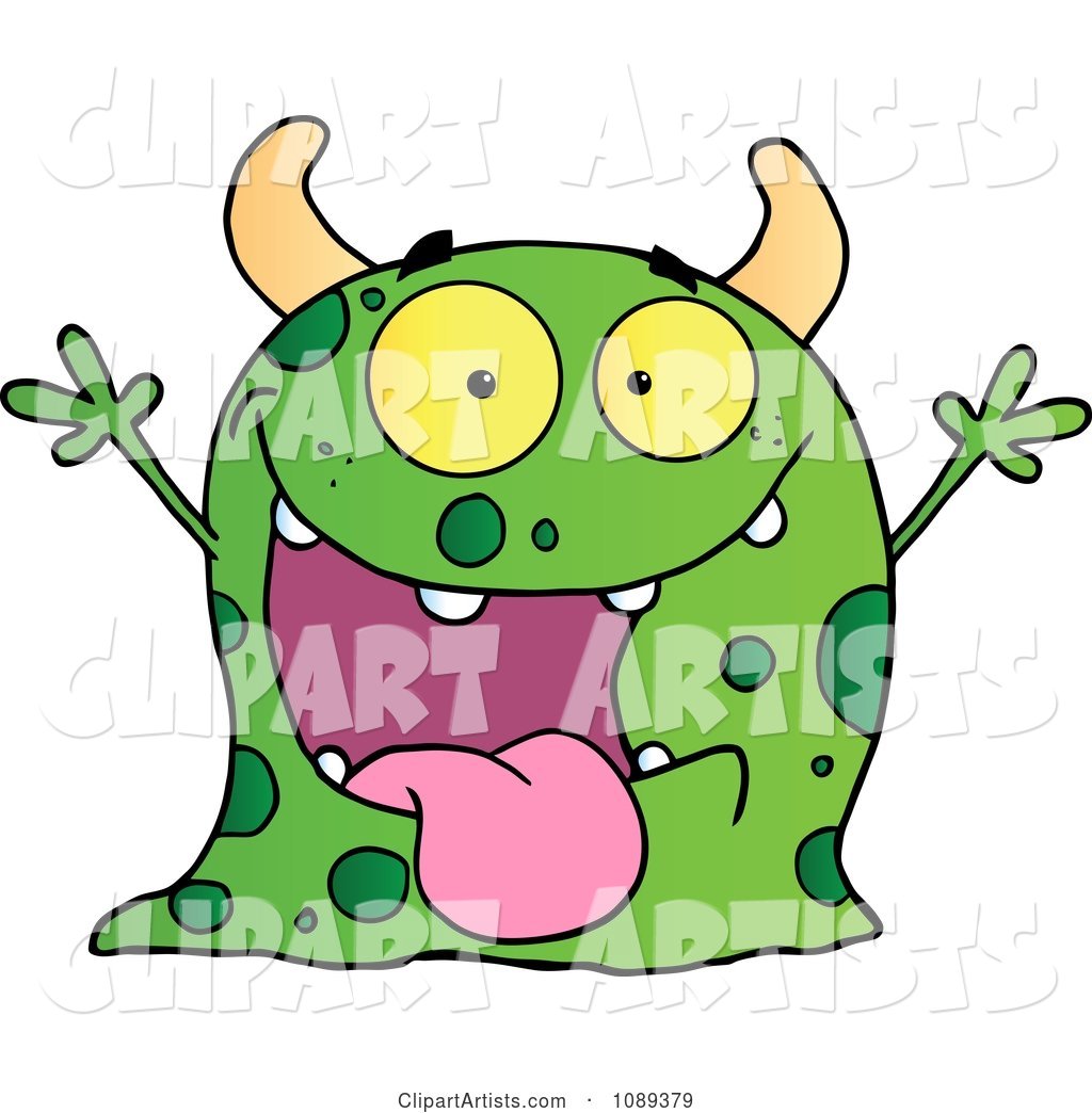 Excited Green Speckled Monster Holding up Its Arms
