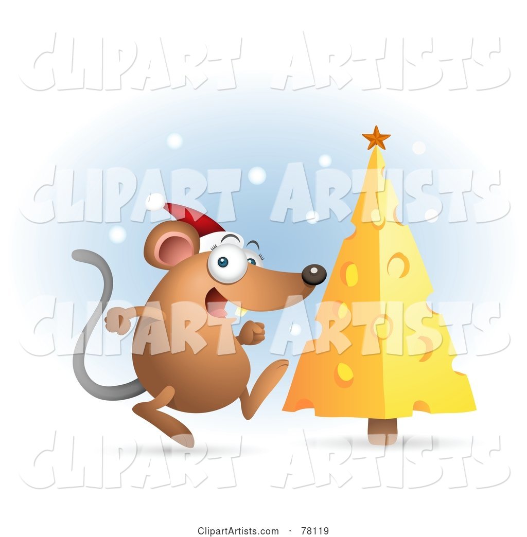 Excited Mouse Wearing an Excited Mouse Wearing a Santa Hat and Running Towards His Cheese Christmas Tree