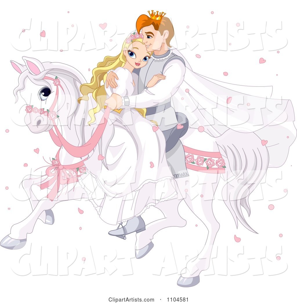 Fairy Tale Prince and Princess Wedding Couple Riding Together on a White Horse Surrounded by Heart Confetti