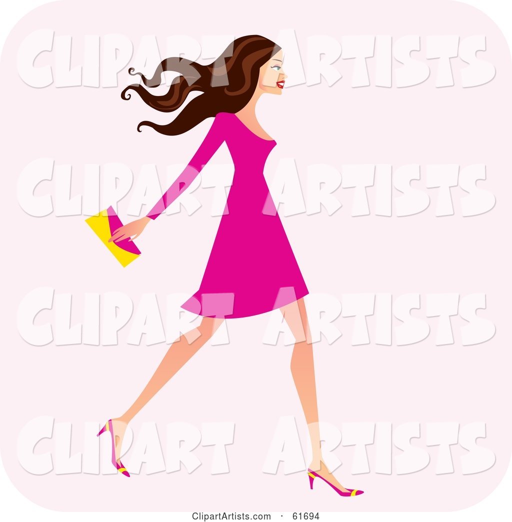 Fashionable Brunette Woman Walking and Carrying a Clutch Purse