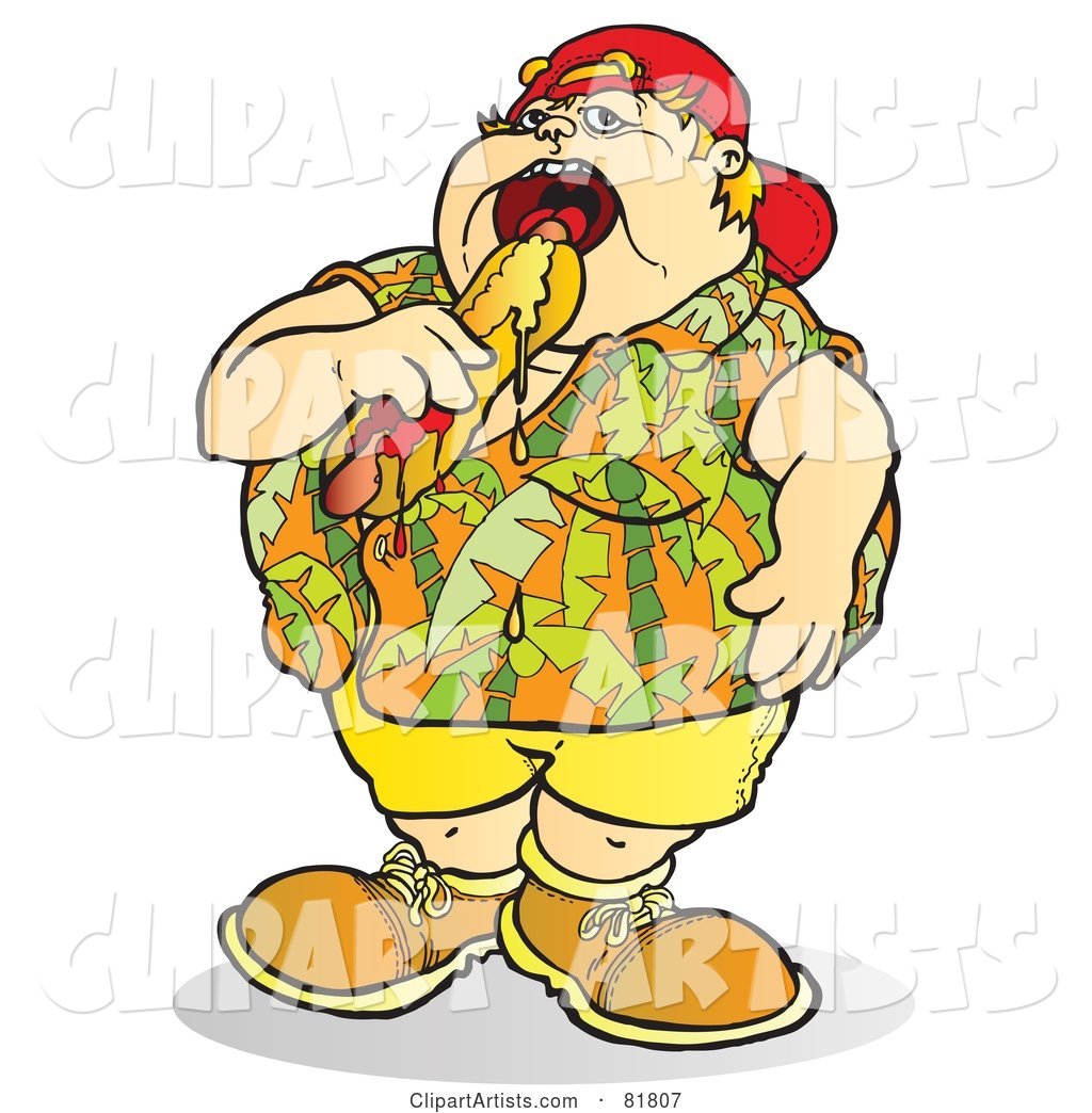 Fat Boy Eating a Messy Hot Dog