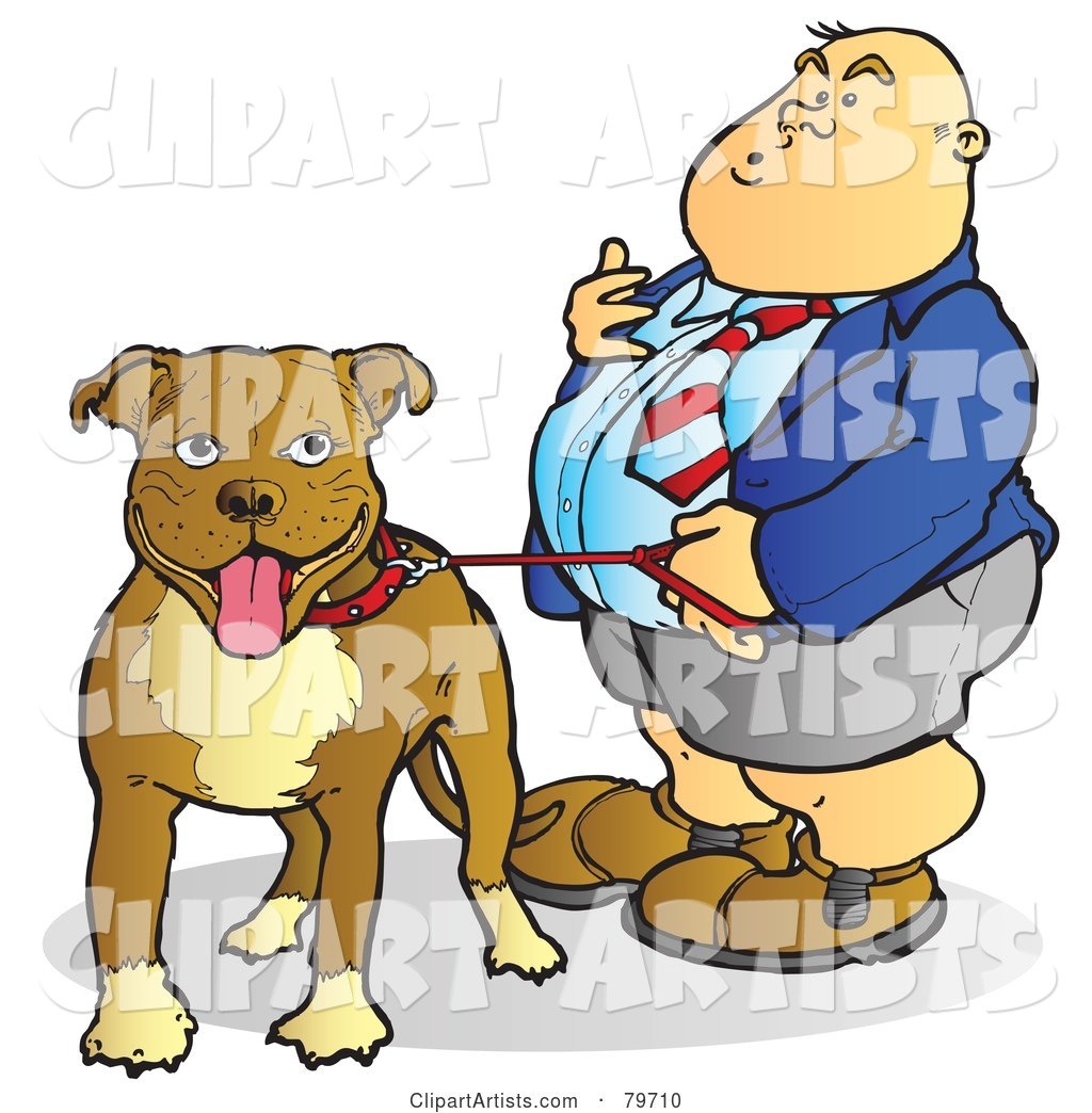 Fat Man Standing with His Leashed Pit Bull Dog