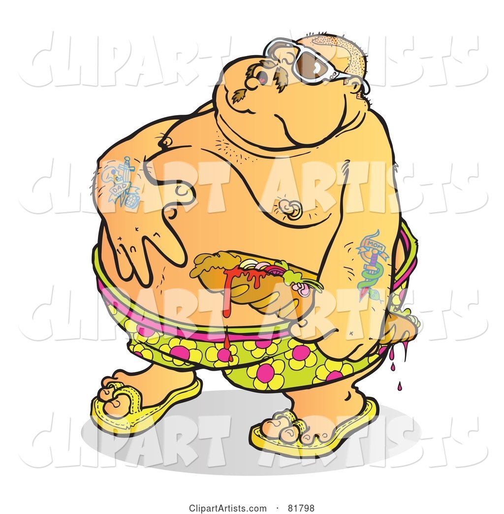 Fat Tattooed Man Rubbing His Belly and Holding a Sandwich