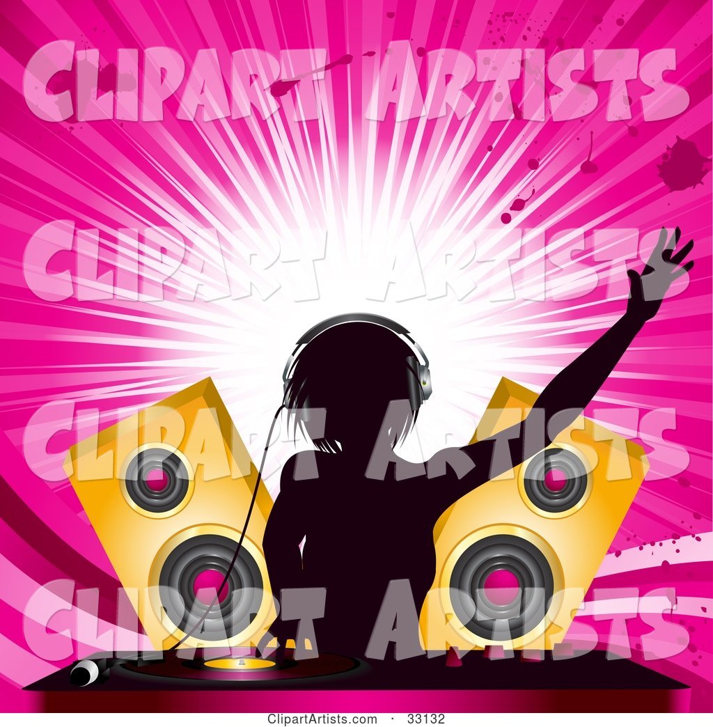 Female DJ Mixing Records in Front of Golden Speakers, Silhouetted Against a Bursting Pink Grunge Background