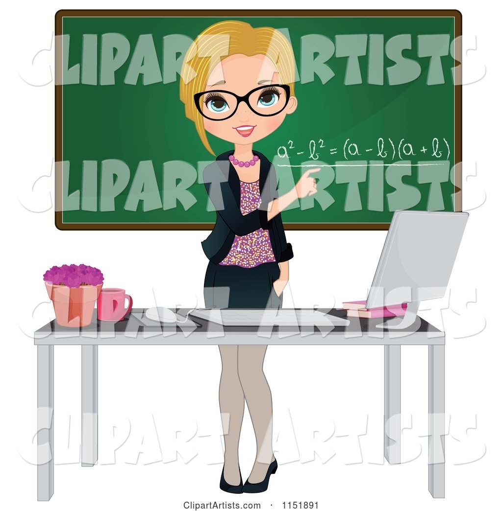 Female Math Teacher at a Desk with a Computer by a Chalkboard