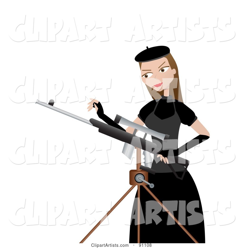 Female Sharp Shooter Standing Beside a Tripod