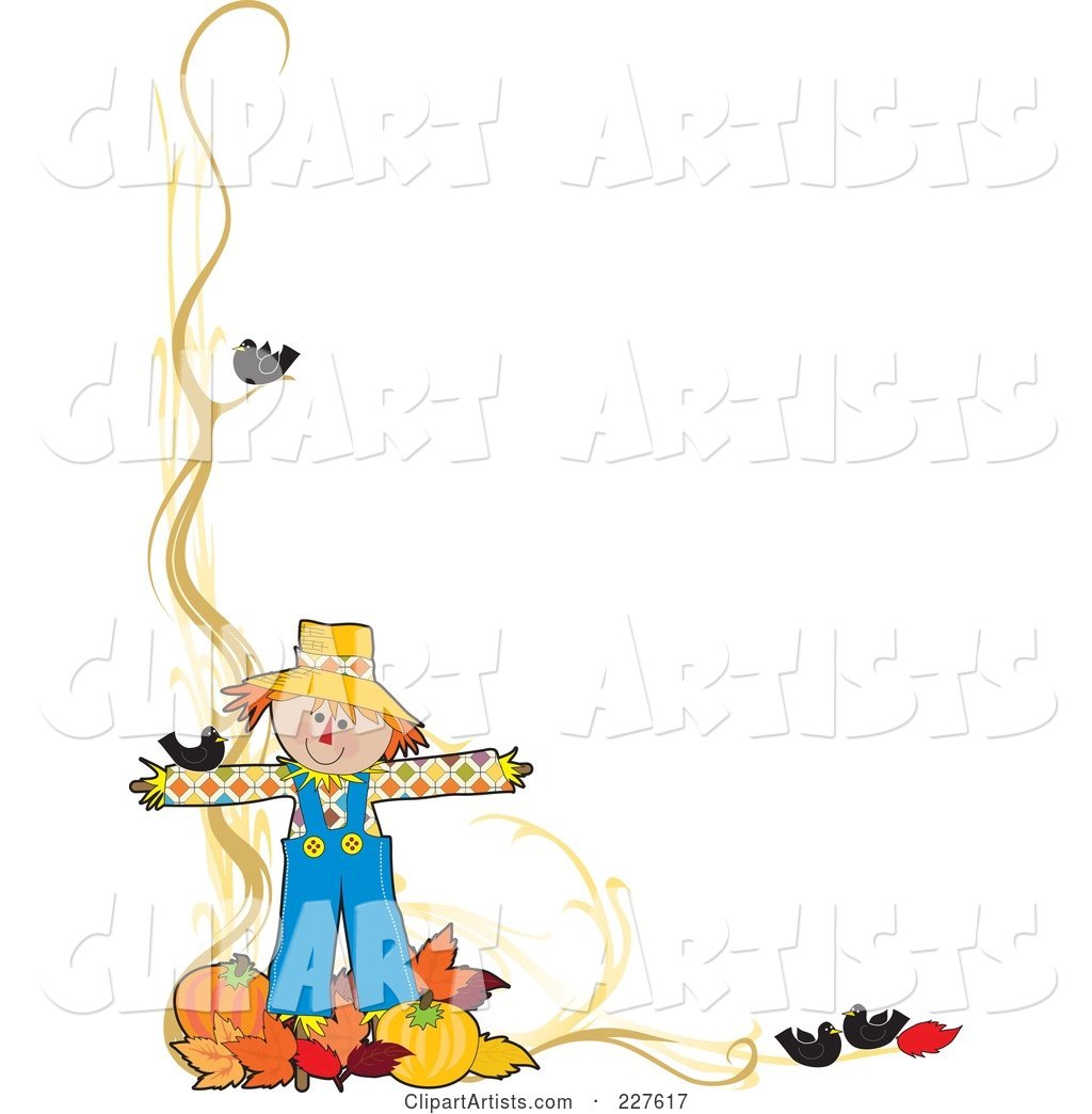 Festive Autumn Border of a Scarecrow with Leaves and Pumpkins