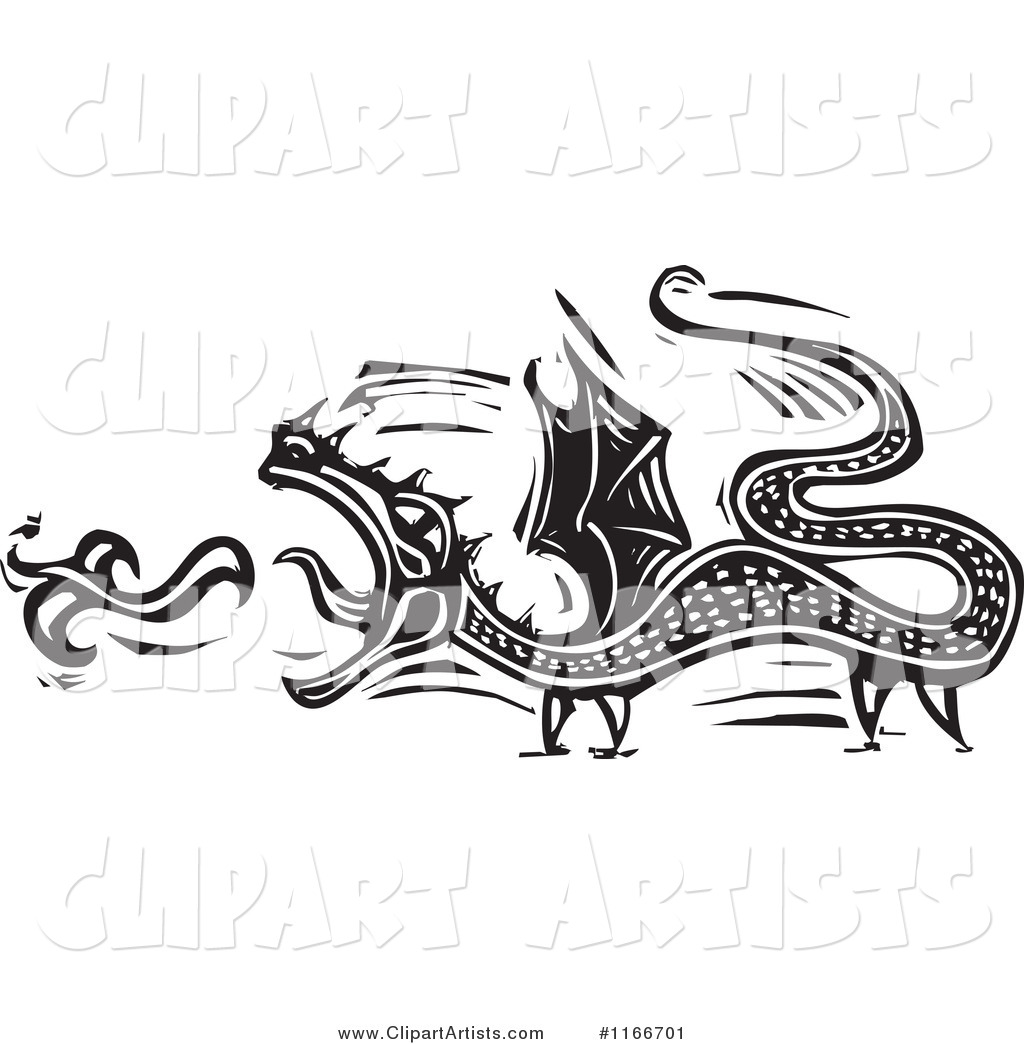 Fire Breathing Dragon Black and White Woodcut