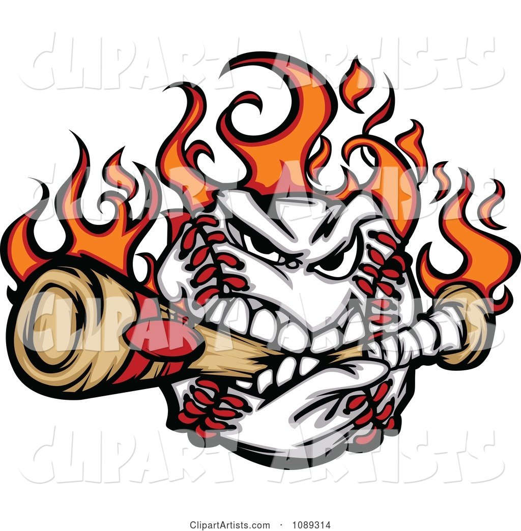 Flaming Baseball Mascot Biting a Bat