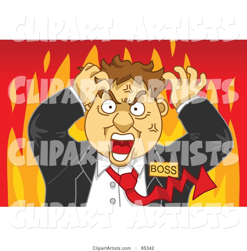 Flaming Mad Boss with a Red Arrow Tie, Grabbing His Hair