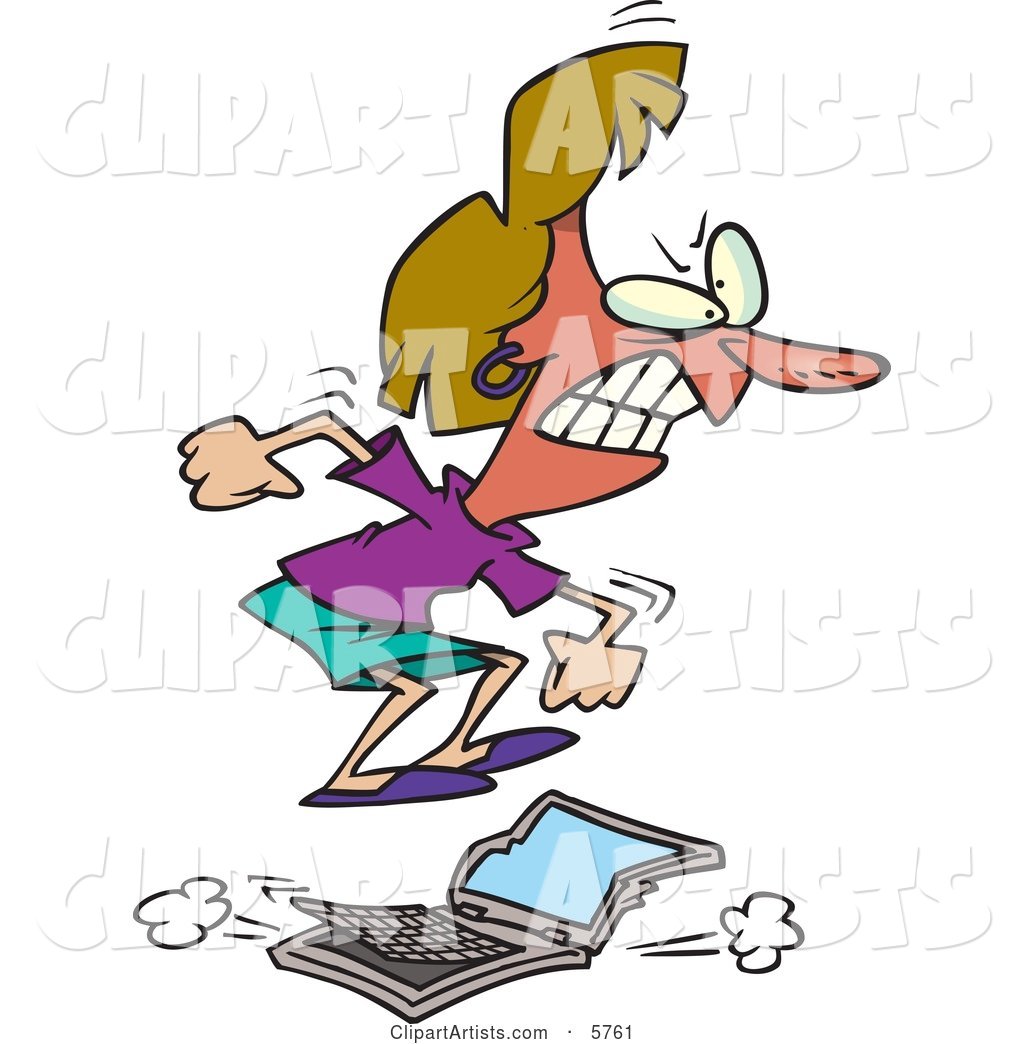 Flustered Woman Jumping on a Laptop Computer