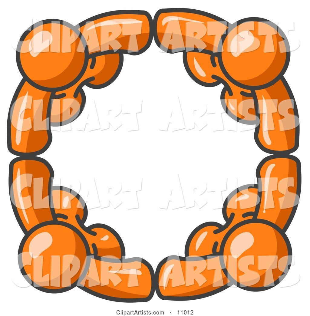 Four Orange People Standing in a Circle and Holding Hands for Teamwork and Unity