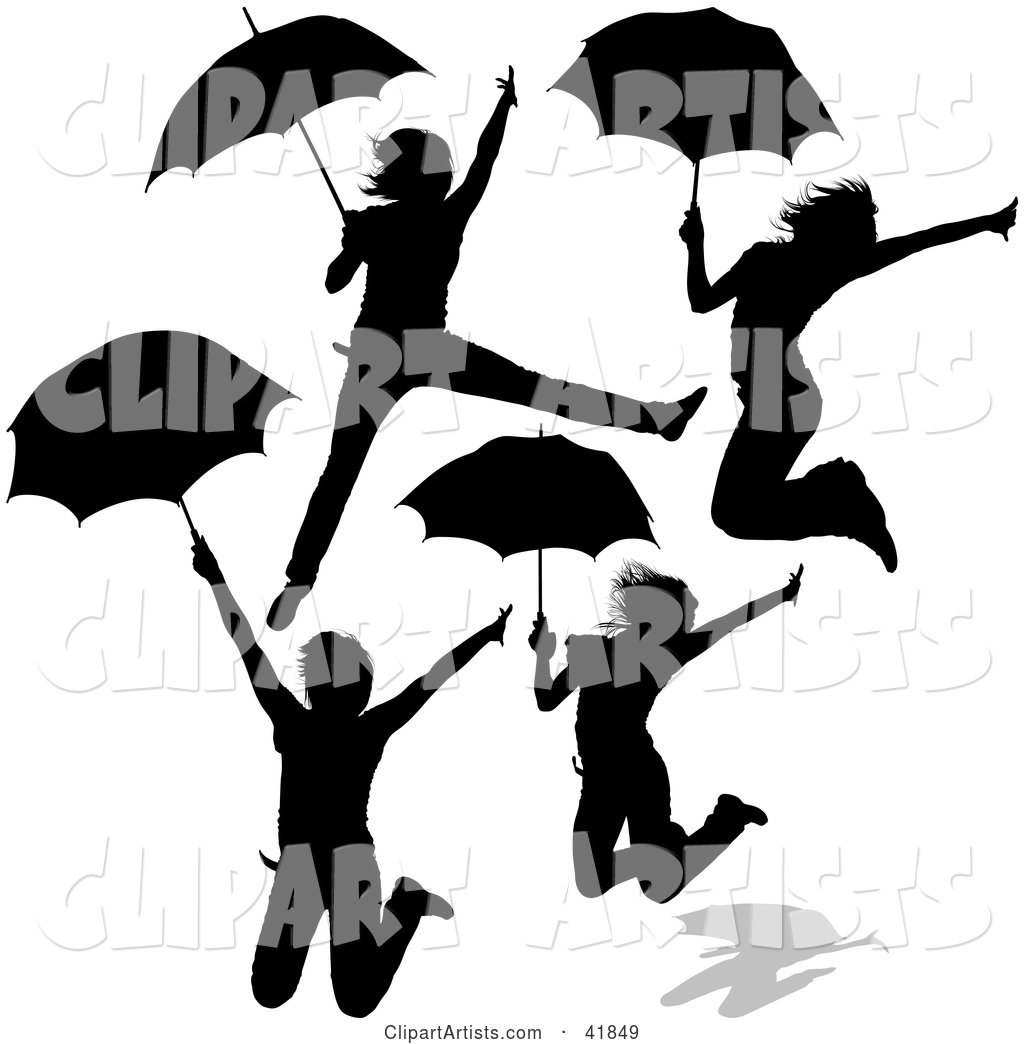 Four Silhouetted Women Jumping with Umbrellas