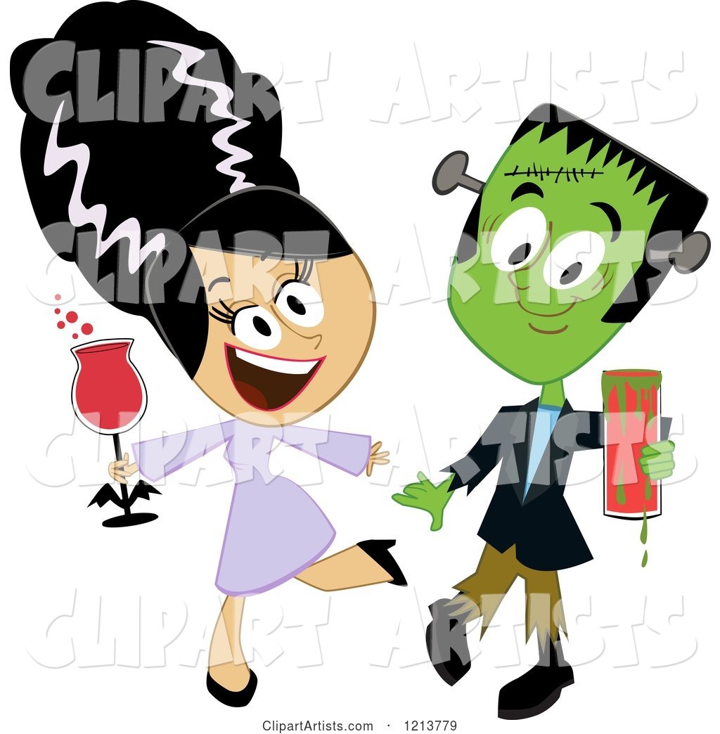 Frankenstein and His Bride Holding Drinks and Dancing at a Halloween Party