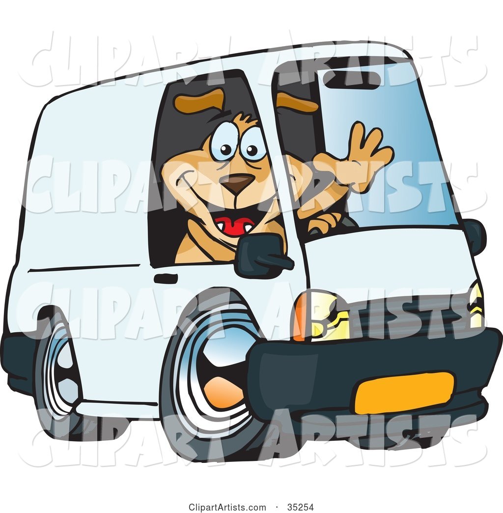 Friendly Brown Dog Waving and Driving a White Delivery Van with Space on the Side for You to Insert Text