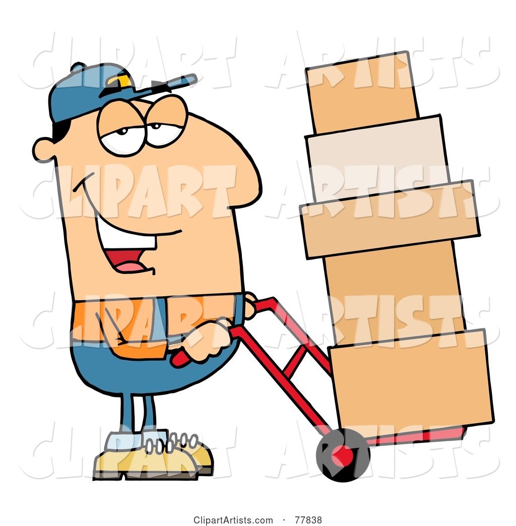 Friendly Caucasian Delivery Man Using a Dolly to Move Boxes