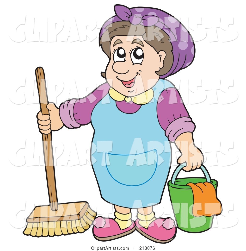 Friendly Cleaning Lady with a Bucket and Broom