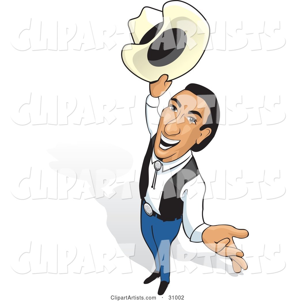 Friendly Cowboy Holding His Hat Out, Looking up and Smiling