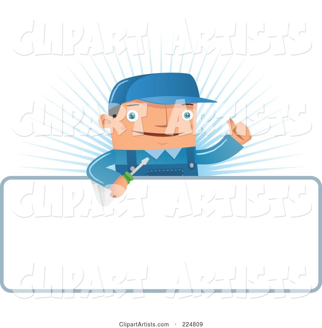 Friendly Engineer Man Holding a Thumb up over a Blank Sign over a Blue Burst