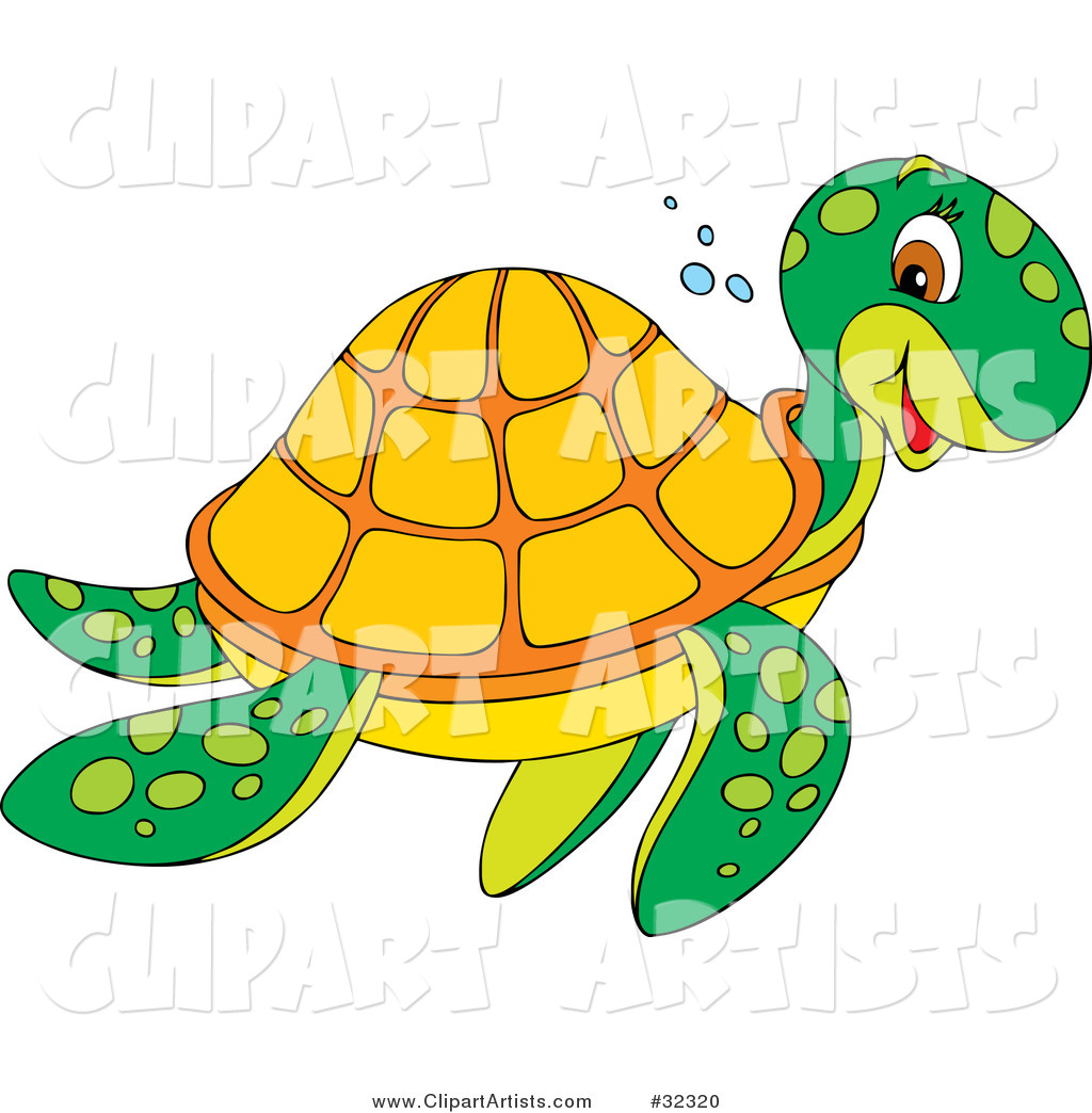 Friendly Green Sea Turtle with an Orange Shell, Smiling While Swimming to the Right
