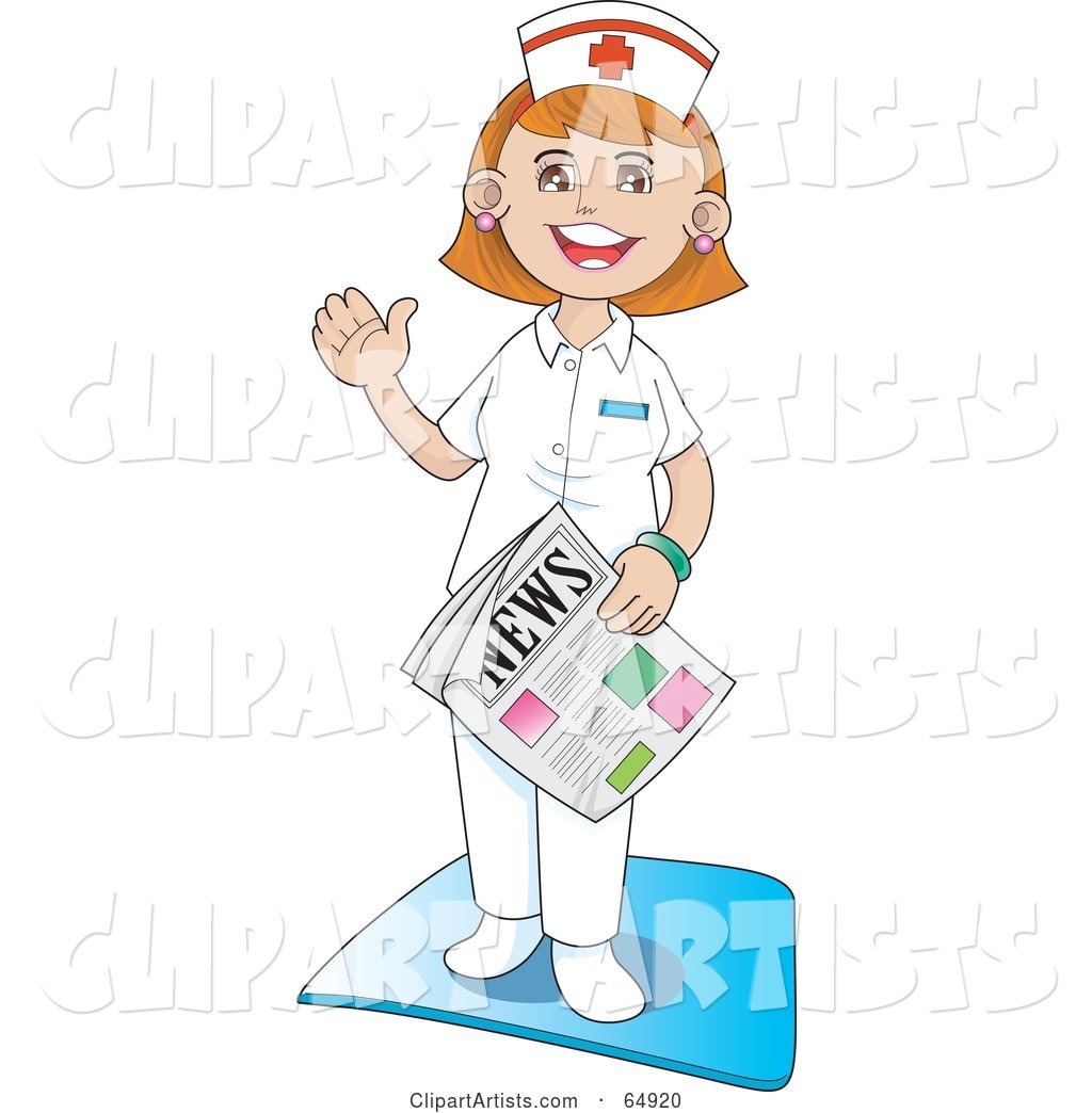 Friendly Hospital Nurse Waving and Standing with a Newspaper