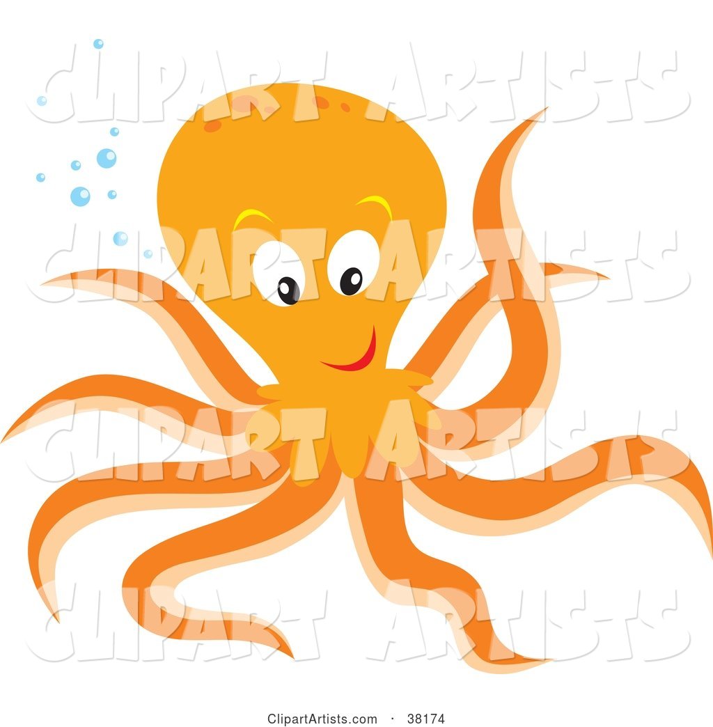 Friendly Orange Octopus with Bubbles