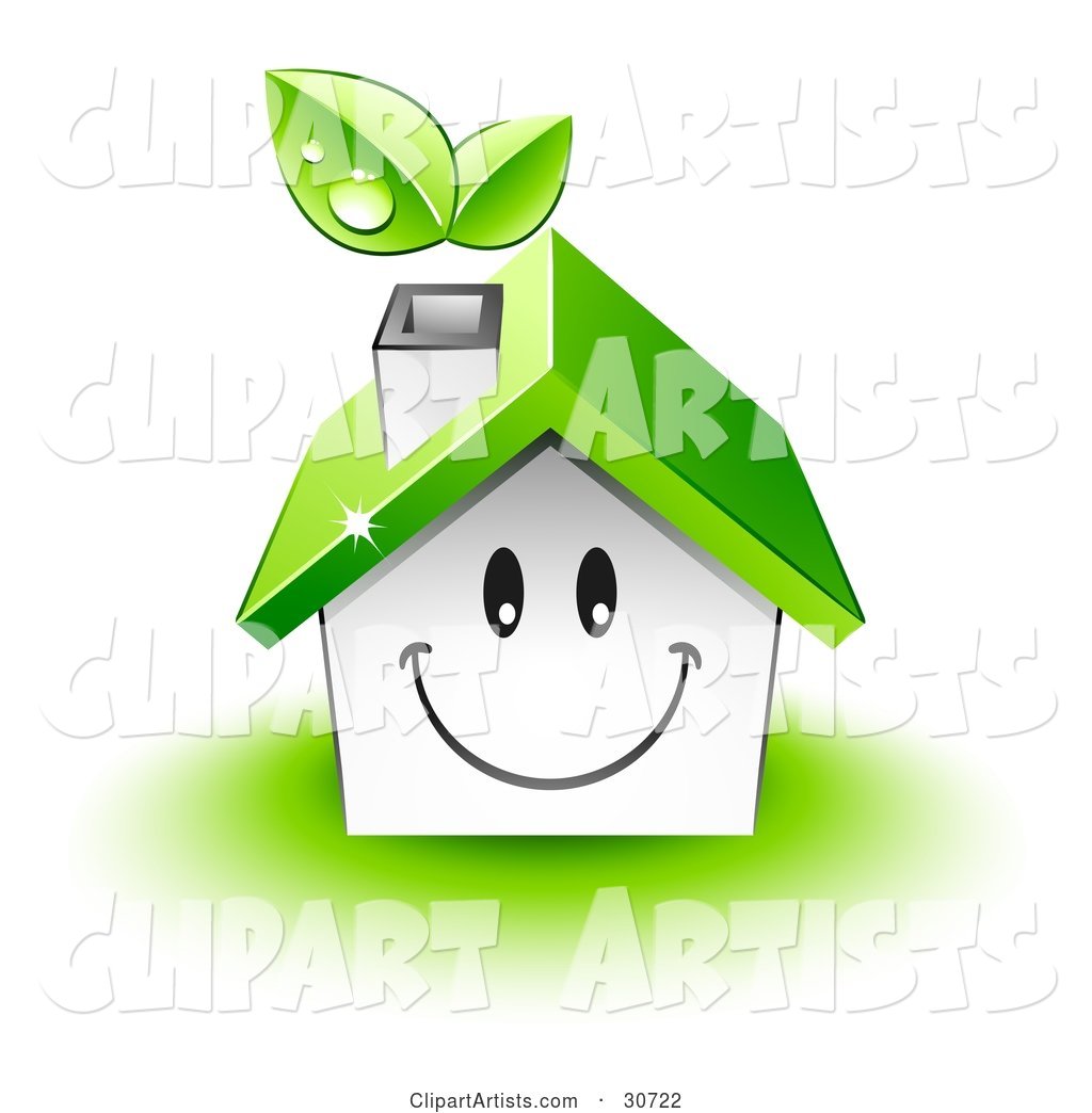 Friendly Smiling House Character with a Green Roof and Leaves Emerging from the Chimney