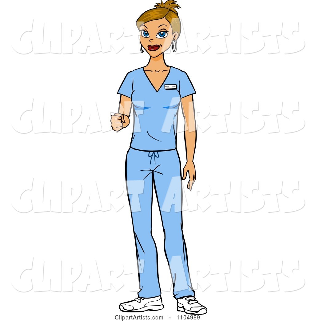 Friendly White Nurse Surgeon or Doctor in Scrubs Holding out Her Knuckles