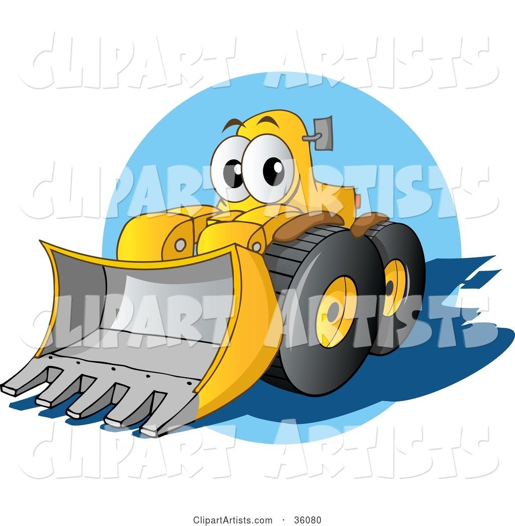 Friendly Yellow Bulldozer Character with a Loader Moving Forward