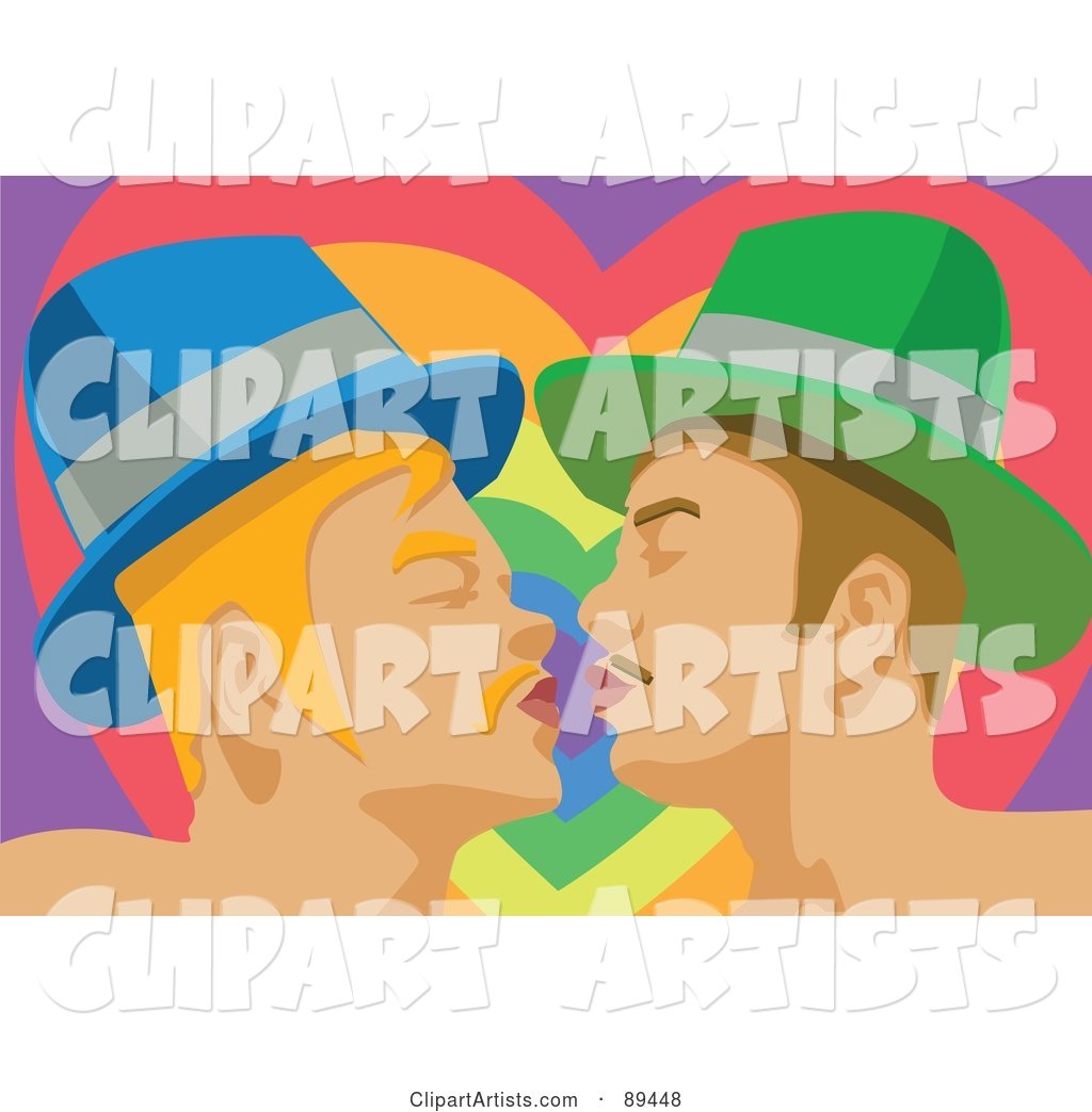 Gay Couple Kissing in Front of a Rainbow Heart