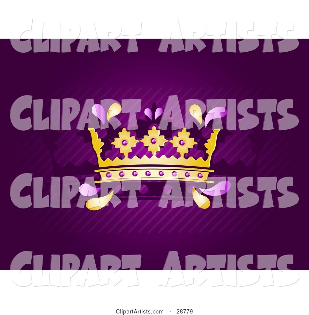 Golden King's or Queen's Crown with Purple Jewels, over a Deep Purple Background with Diagonal Lines and a Silhouetted Crown