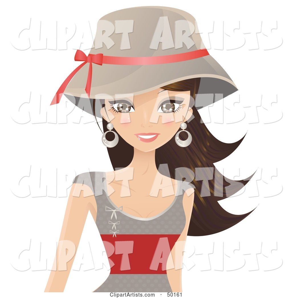 Gorgeous Brunette Woman in a Taupe and Red Dress and Hat