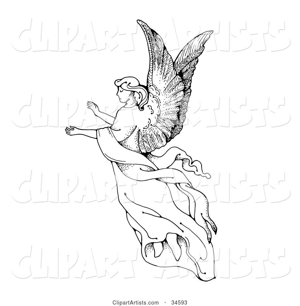 Graceful Female Angel with Large Wings, Floating Through the Air with Her Arms out