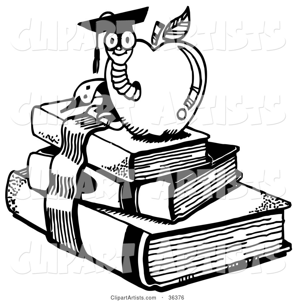 Graduate Worm Emerging from an Apple Atop School Books