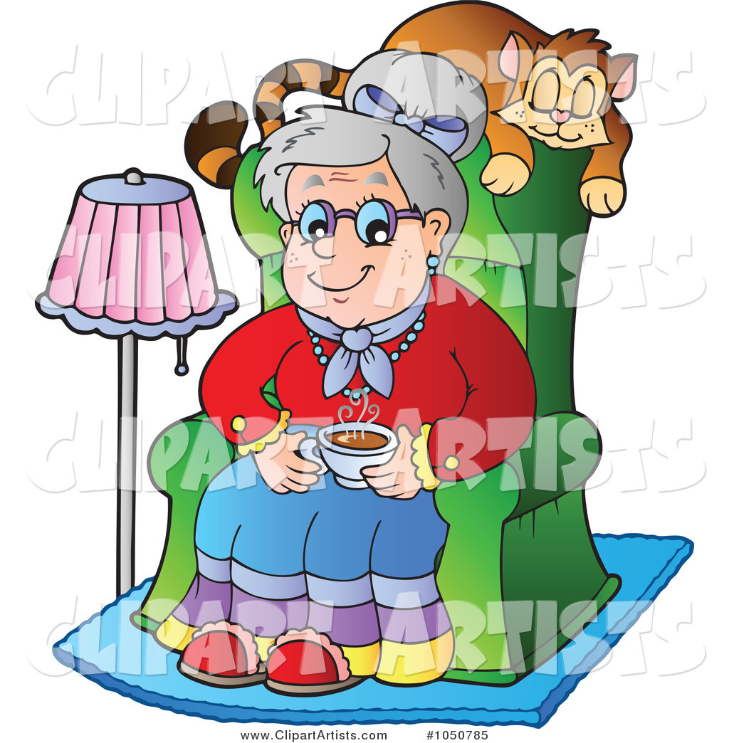 Granny Sitting in a Chair with Her Cat Napping Behind Her