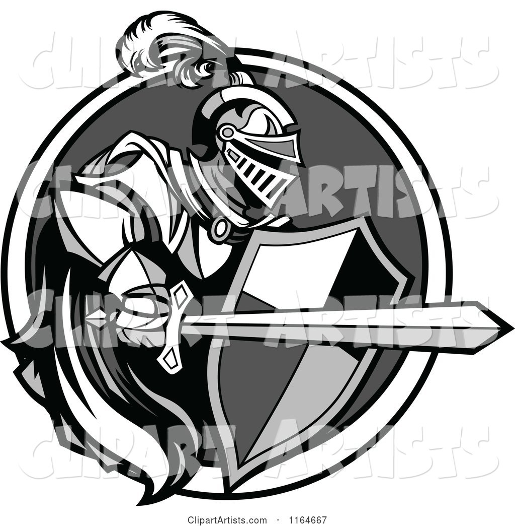 Grayscale Knight with a Cape Shield and Sword in a Circle
