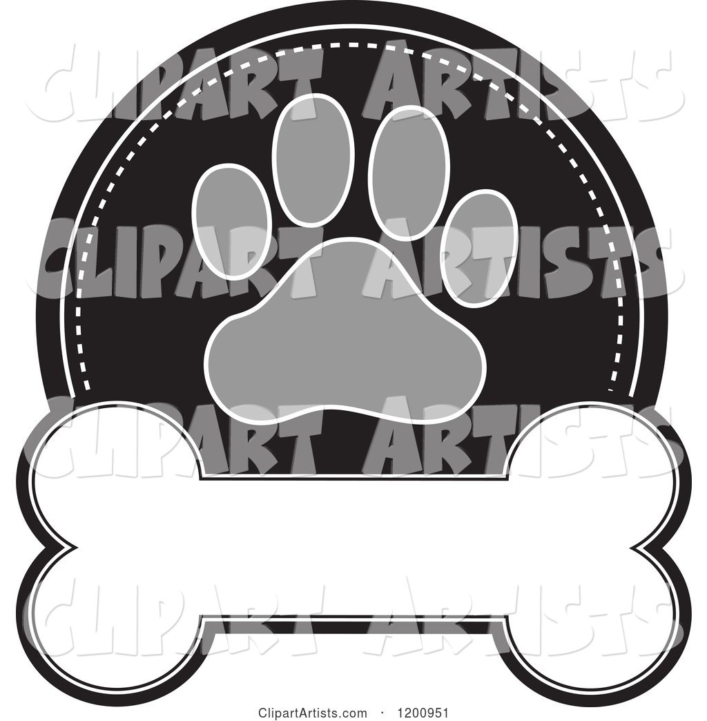 Grayscale Paw Print and Dog Bone Label with Text Space