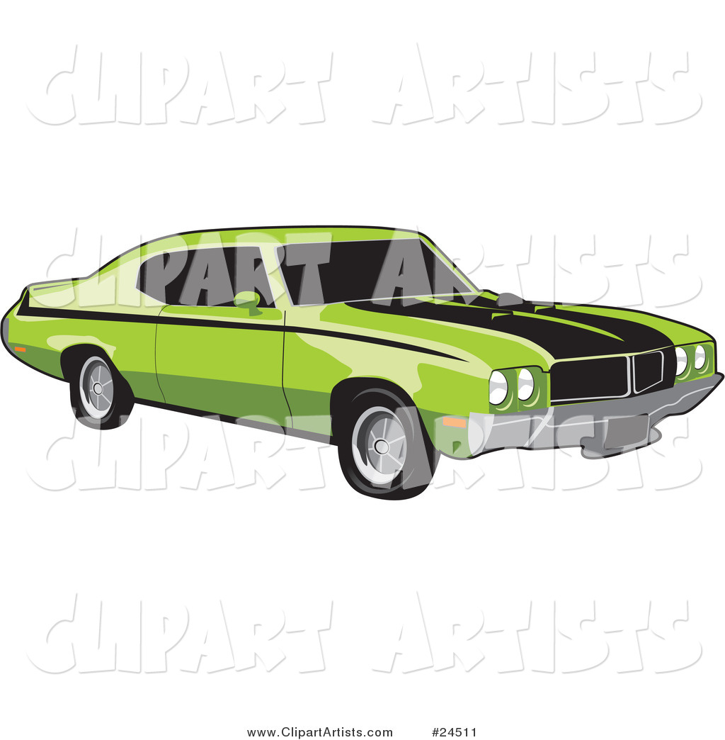 Green 1970 Buick Muscle Car with Black Racing Stripes and Side Decals and Dark Tinted Windows