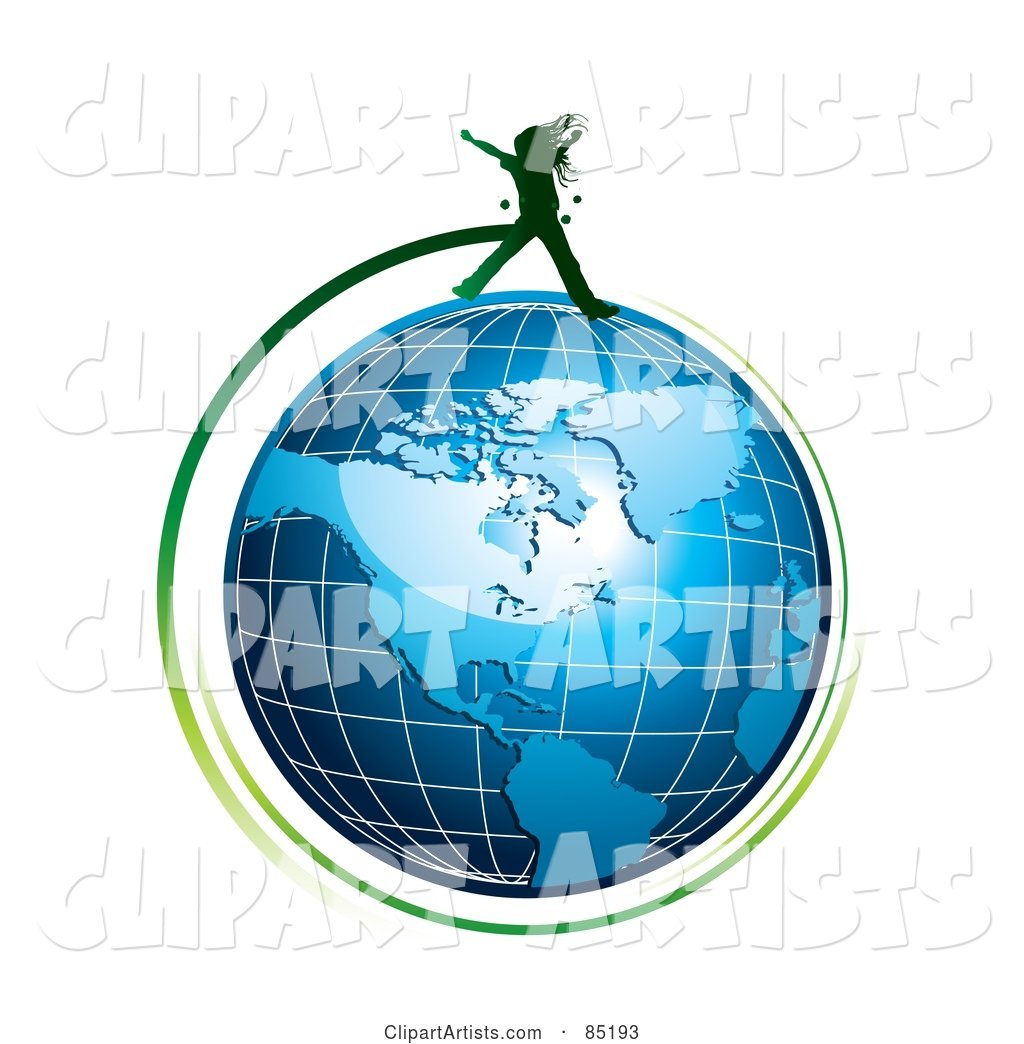 Green Girl Silhouette Jumping over a Blue Grid Globe