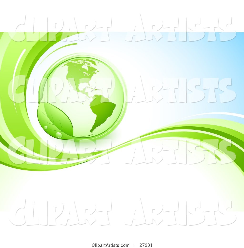 Green Globe Circled by a Green Dew Covered Leaf, Above a Green Wave on a Blue and White Background
