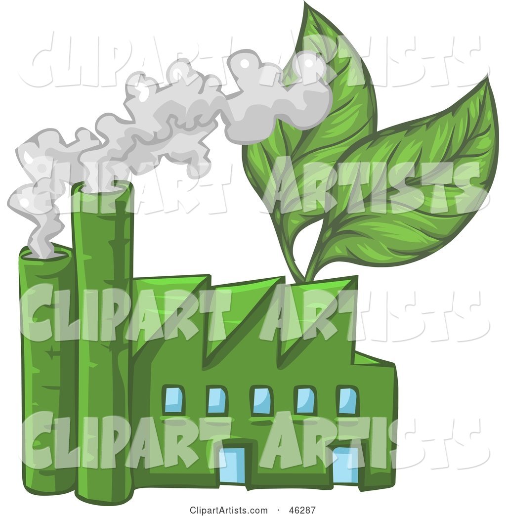 Green Industrial Factory with Leaves and Smoke