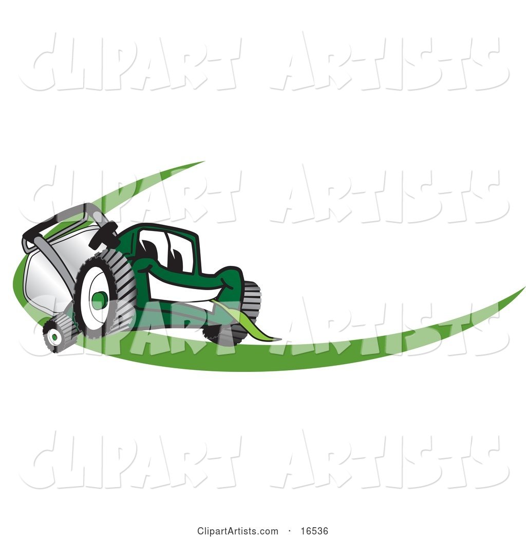 Green Lawn Mower Mascot Cartoon Character Facing Front on a Logo or Nametag with a Green Dash