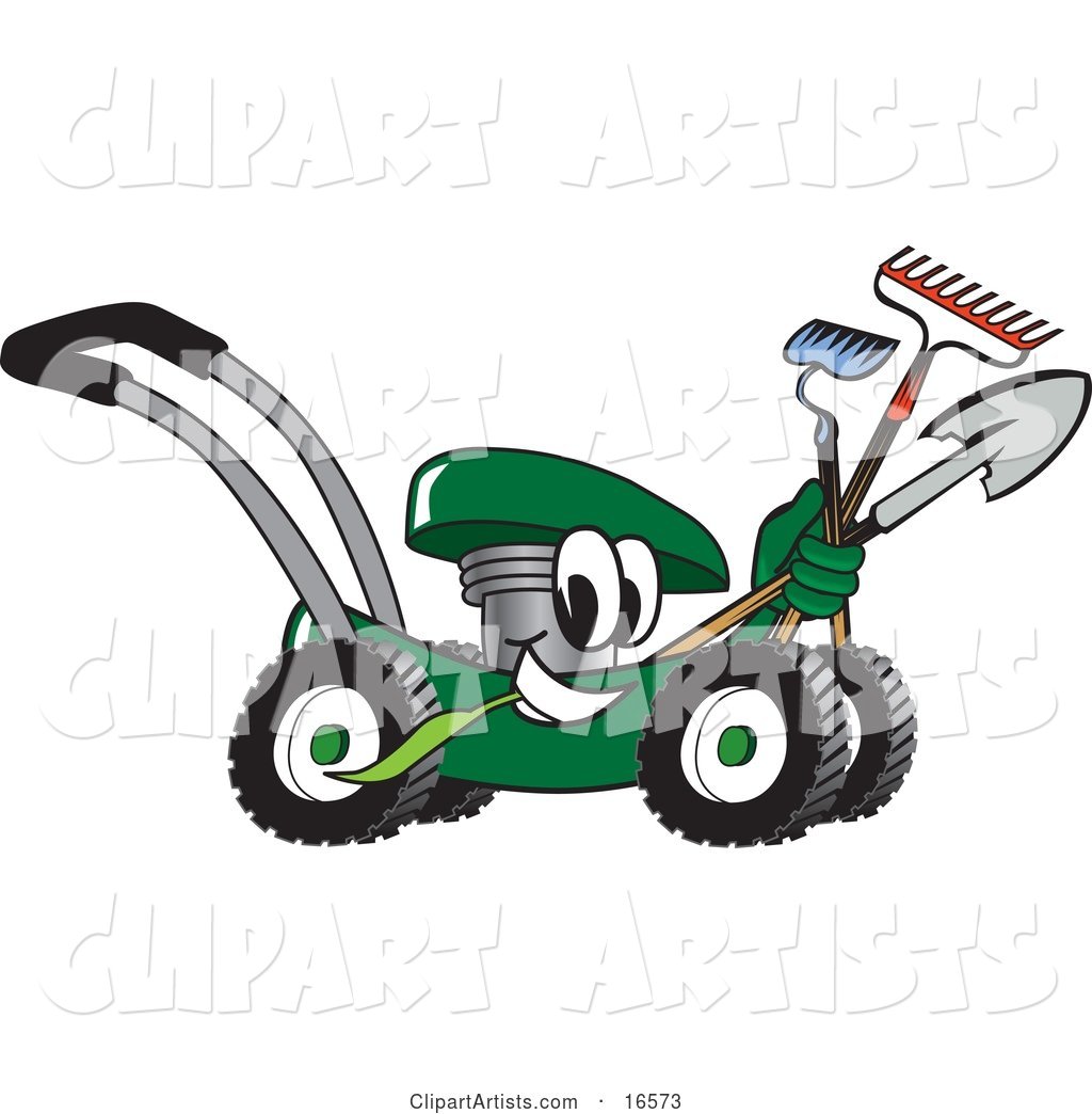 Green Lawn Mower Mascot Cartoon Character Passing by While Carrying Garden Tools