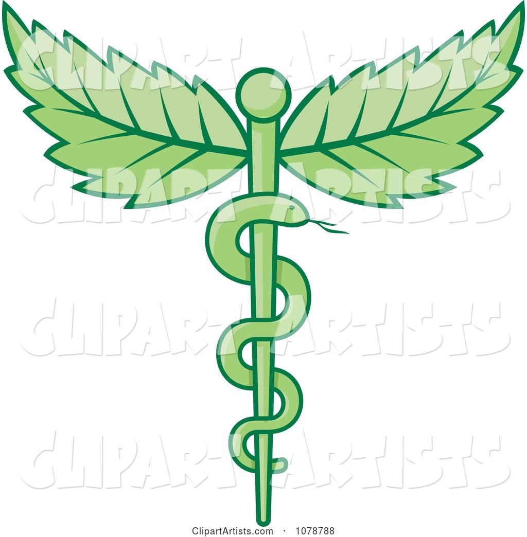Green Medical Caduceus with Leaves