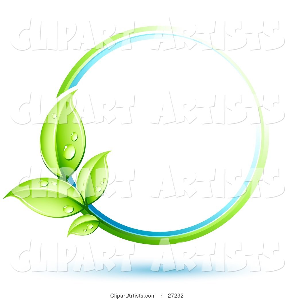 Green Plant with Dew Covered Leaves Circling a Blue and White Orb over a White Background with Blue Shadows